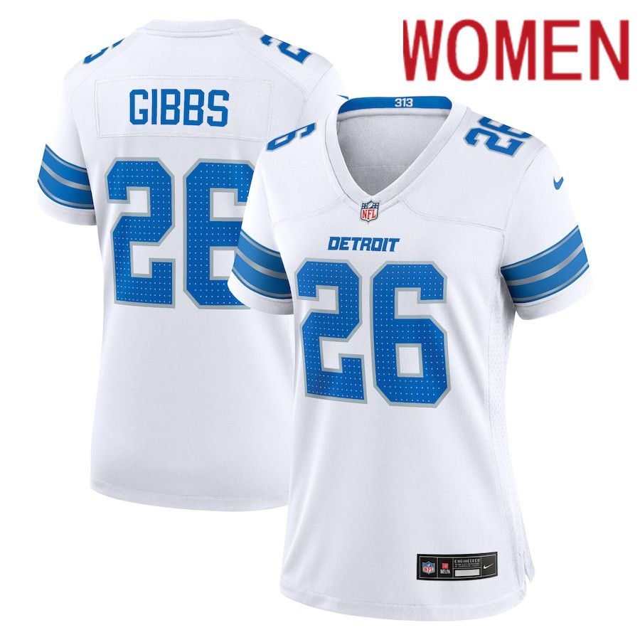 Women Detroit Lions #26 Jahmyr Gibbs Nike White Game NFL Jersey->women nfl jersey->Women Jersey